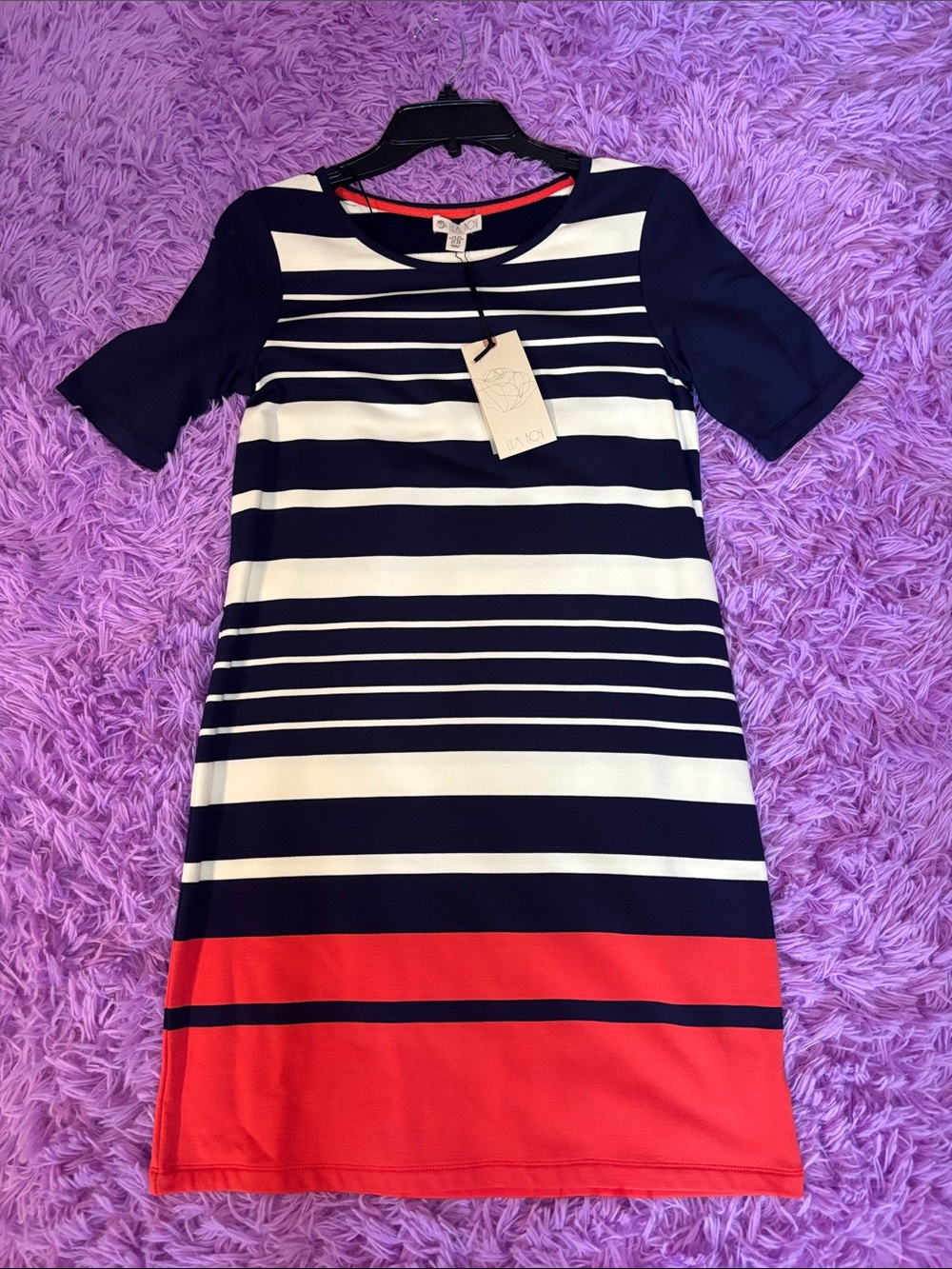 Lila Rose Navy, White & Red Striped Shift Dress - NWT